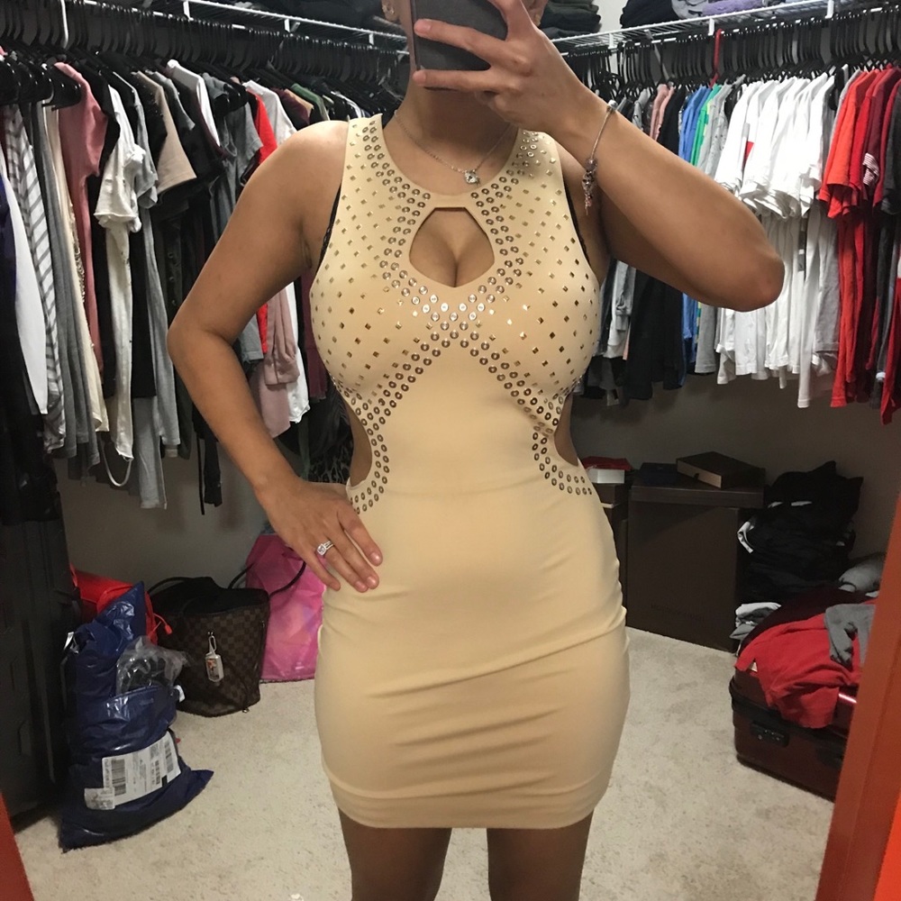 Bebe Beige Studded Mini Dress